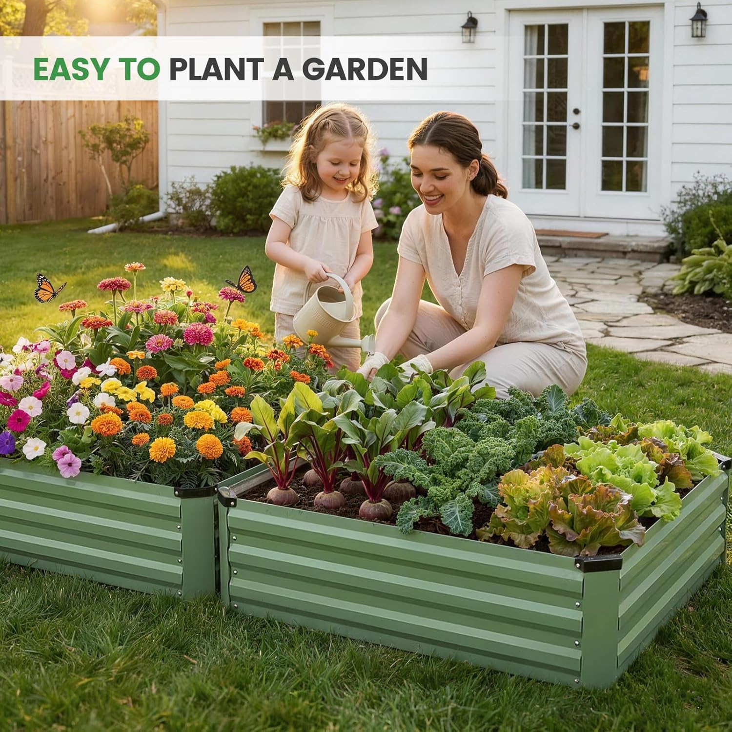 Set of 2 Metal Raised Garden Beds 120x120cm Olive Green