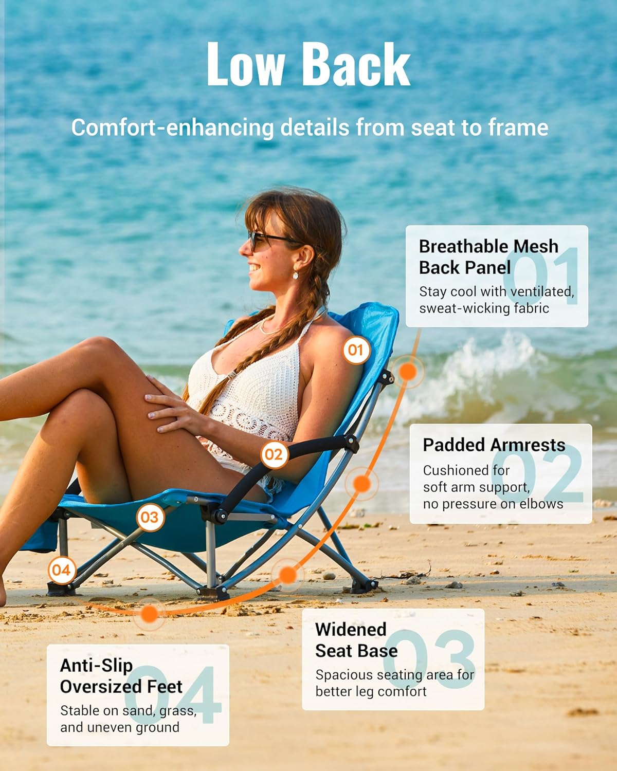 Blue Low Folding Beach Chair Heavy Duty Portable Seat