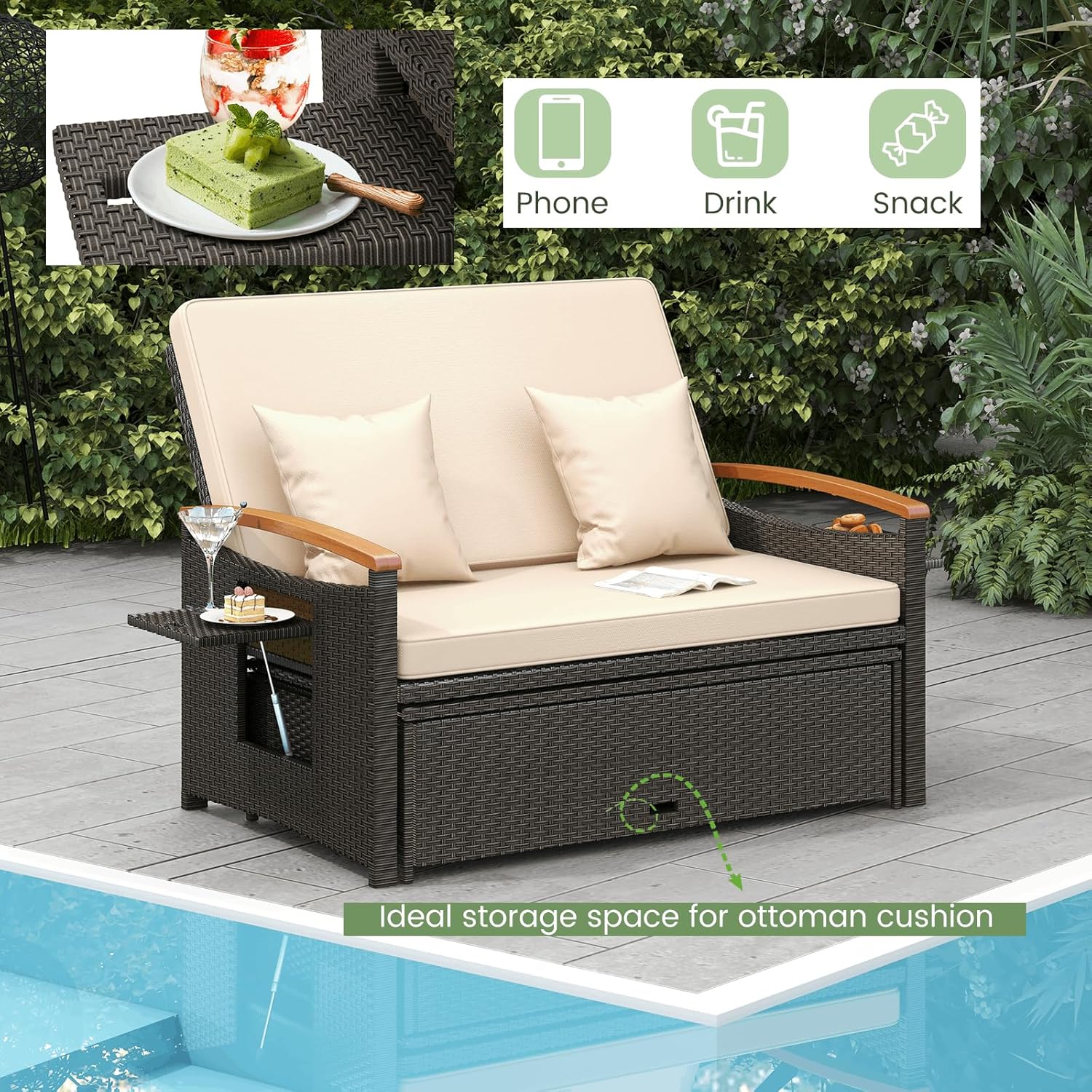 Double Rattan Daybed Wicker Sun Lounger Beige