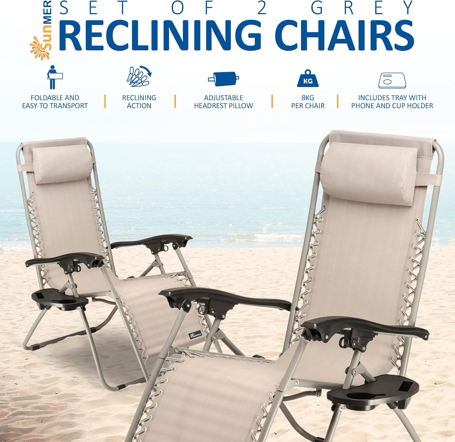 Set of 2 Zero Gravity Sun Lounger Chairs Grey Folding