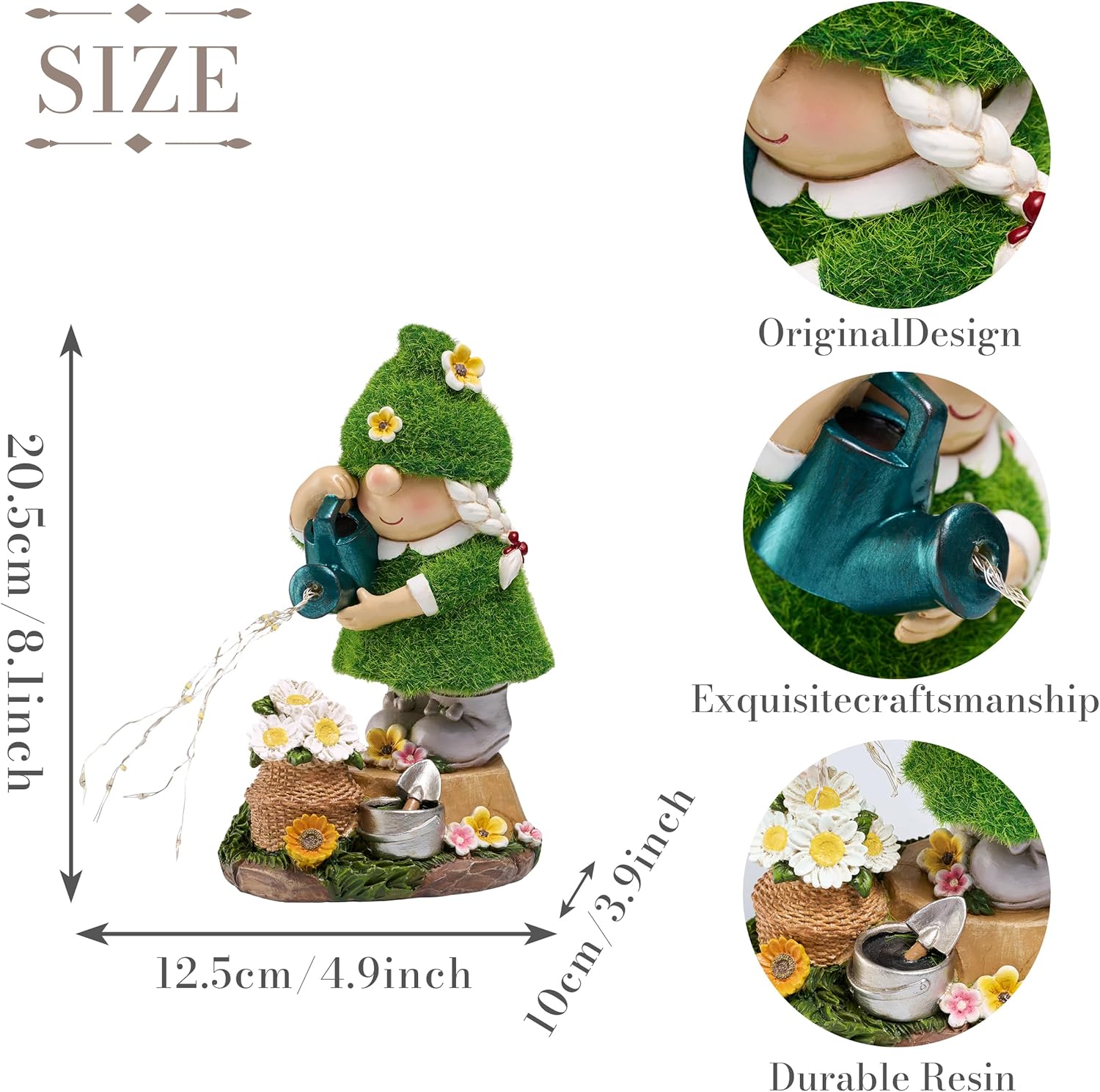 Solar Garden Gnome Watering Statue LED Outdoor Decor Resin