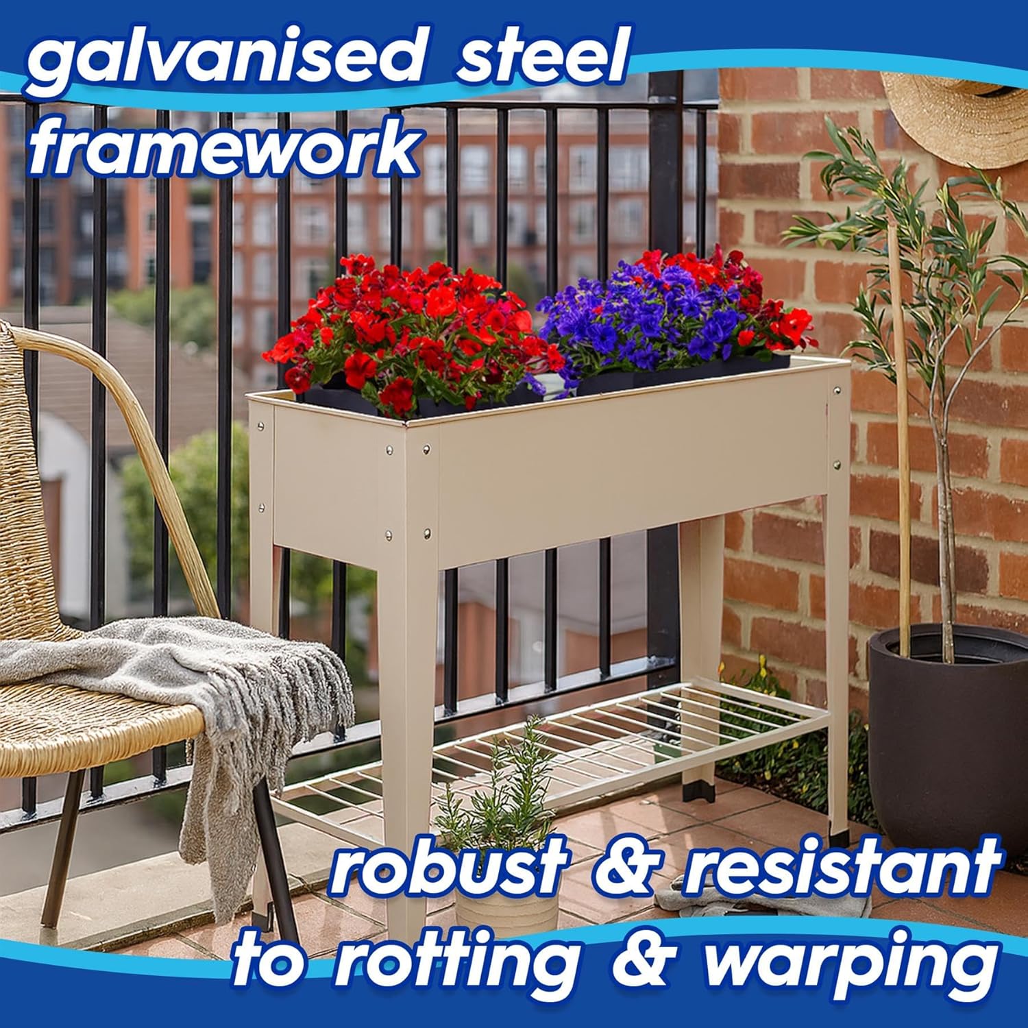 Raised Garden Bed with Legs Shelf Metal Planter Ivory 95cm