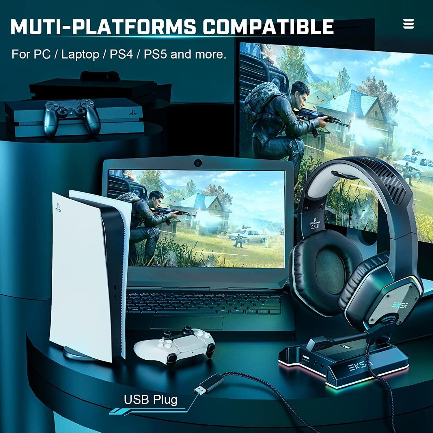 USB Gaming Headset 7.1 Surround Sound 50mm Drivers Mic RGB