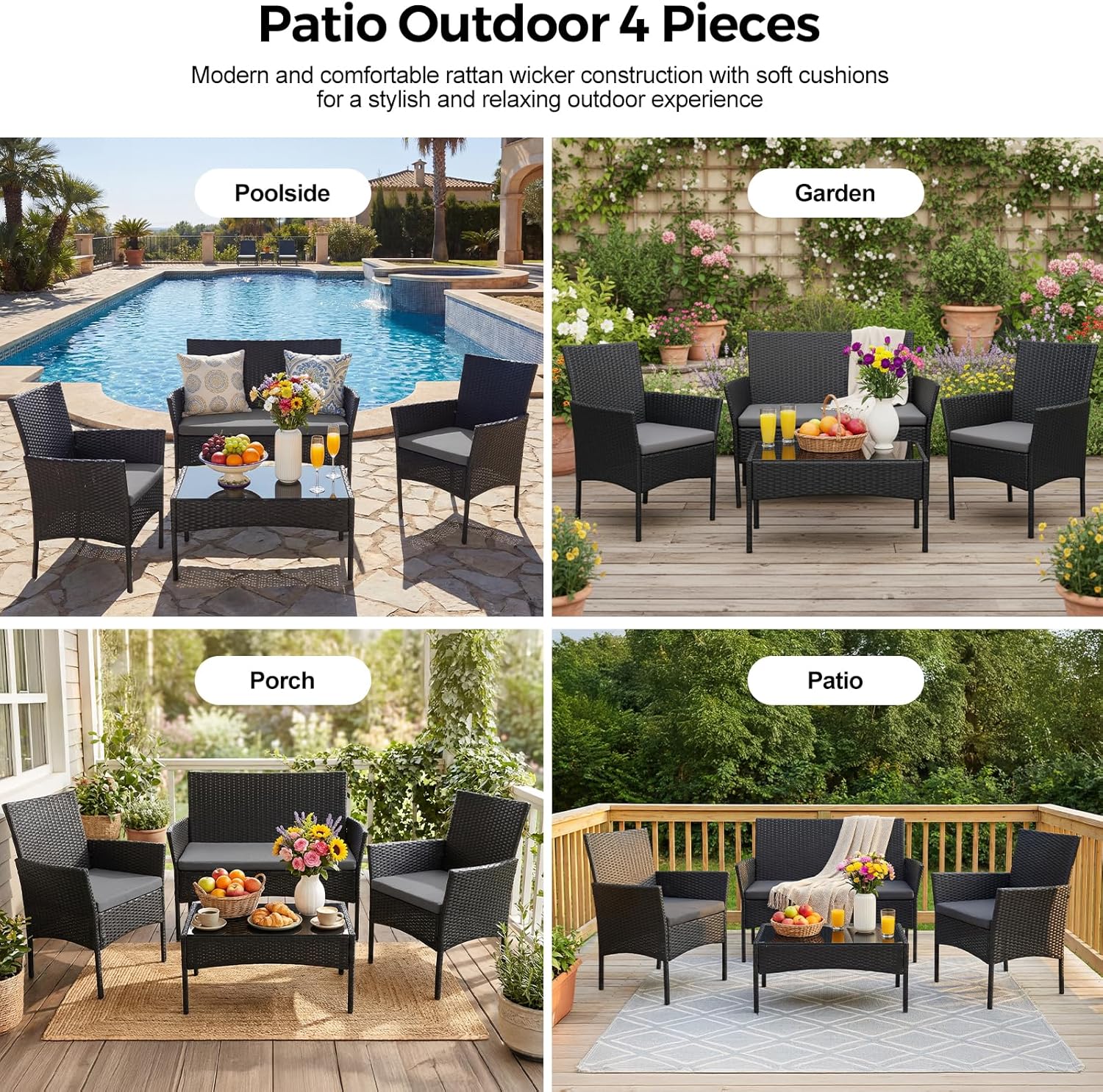 4 Piece Rattan Garden Furniture Set Patio Sofa Chairs Glass Table