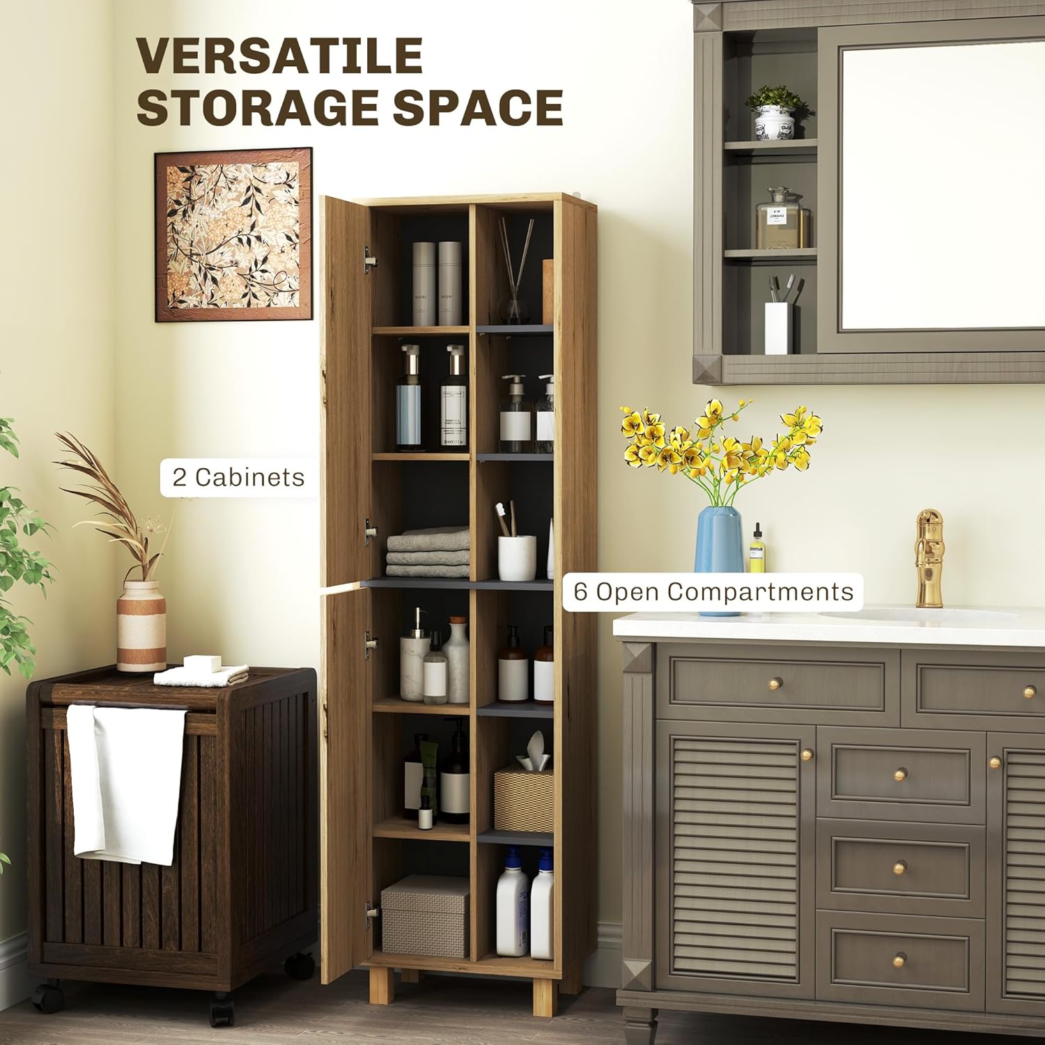 Tall Bathroom Storage Cabinet Natural Wood 6 Shelves Unit