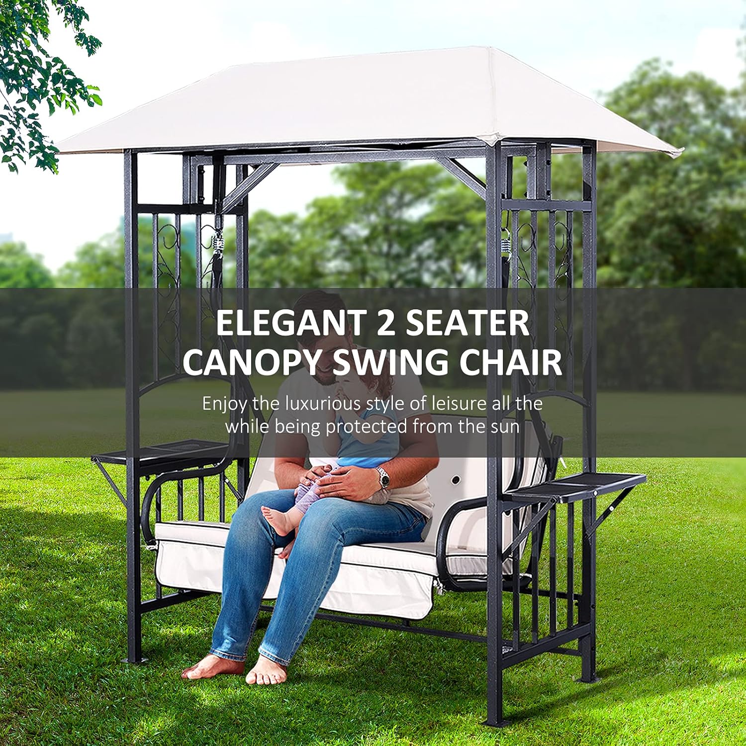 2 Seater Garden Swing Chair with Canopy Side Tables Beige