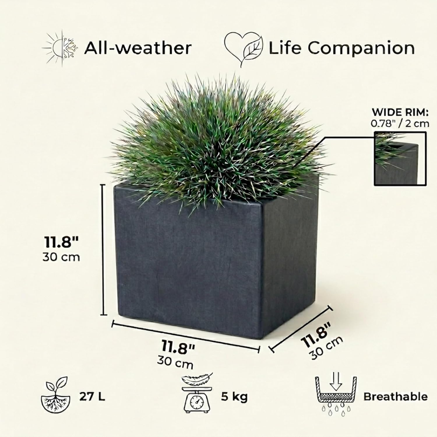 30cm Dark Grey Square Planter Stone Effect Garden Pot Drainage