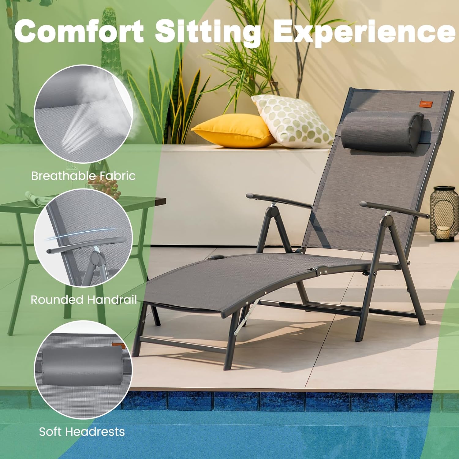 Portable Reclining Sunbed Chair 7 Position Grey