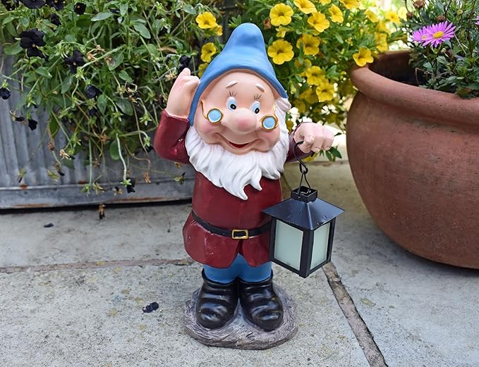 Glow in Dark Garden Gnome Solar Lantern Resin Outdoor Statue 31cm