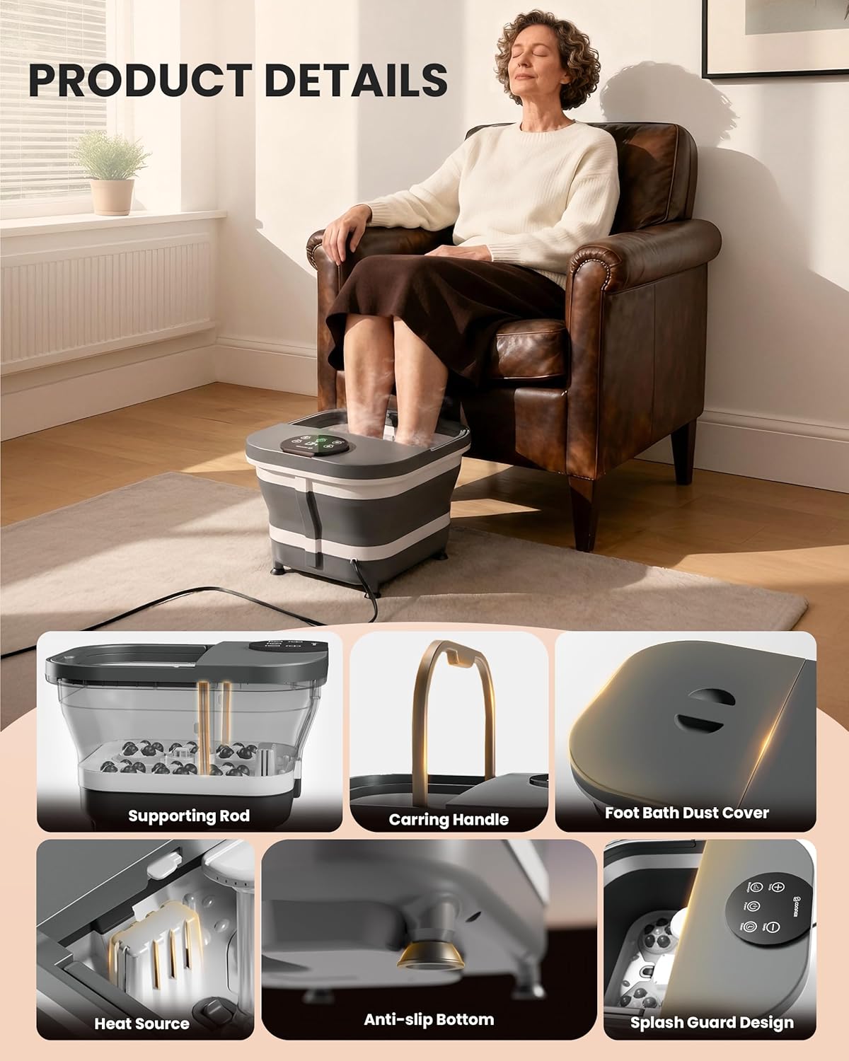Foot Spa Massager Heat Waterfall Spray Rollers LED Timer Bath