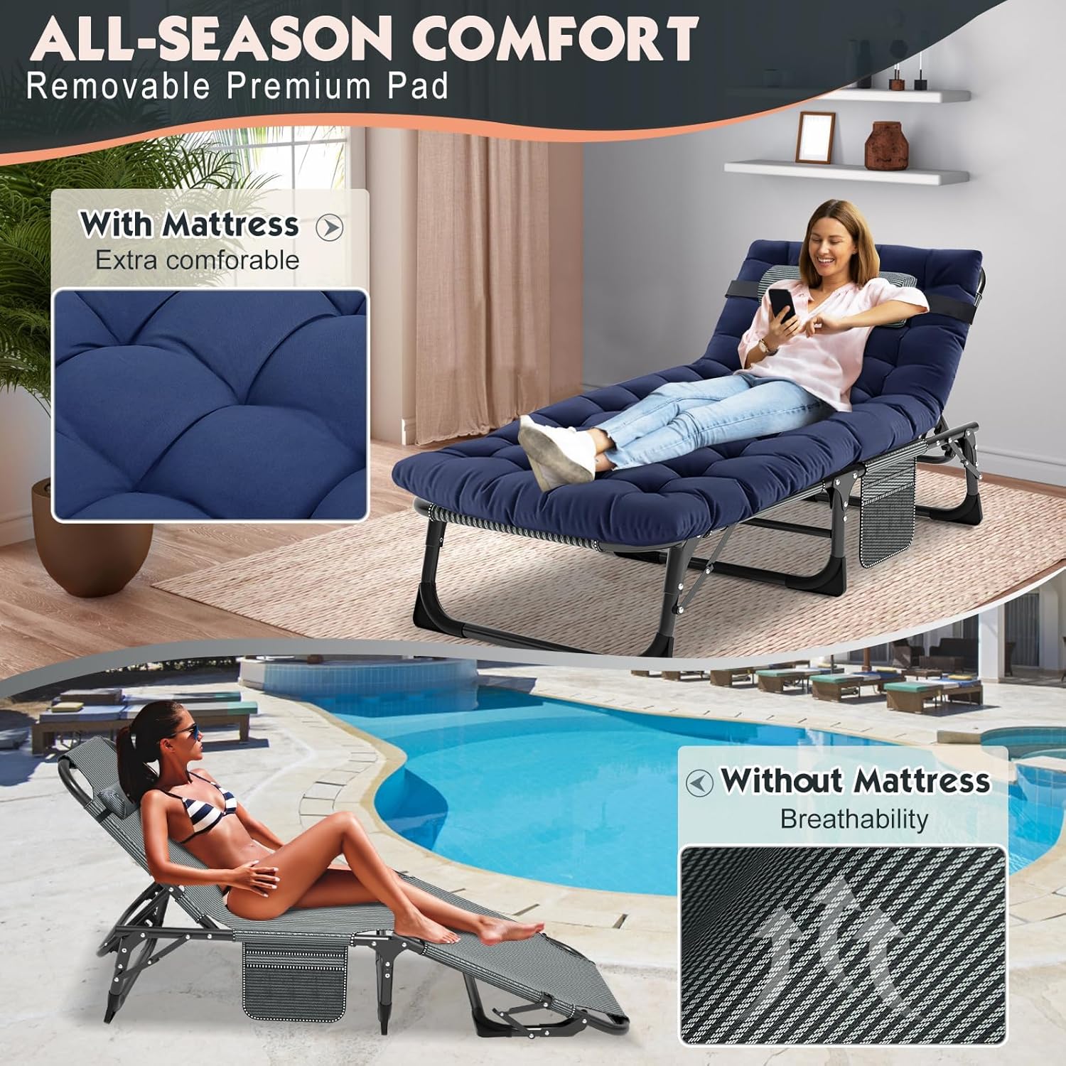 Heavy Duty Folding Sun Lounger Bed Blue Pad XL
