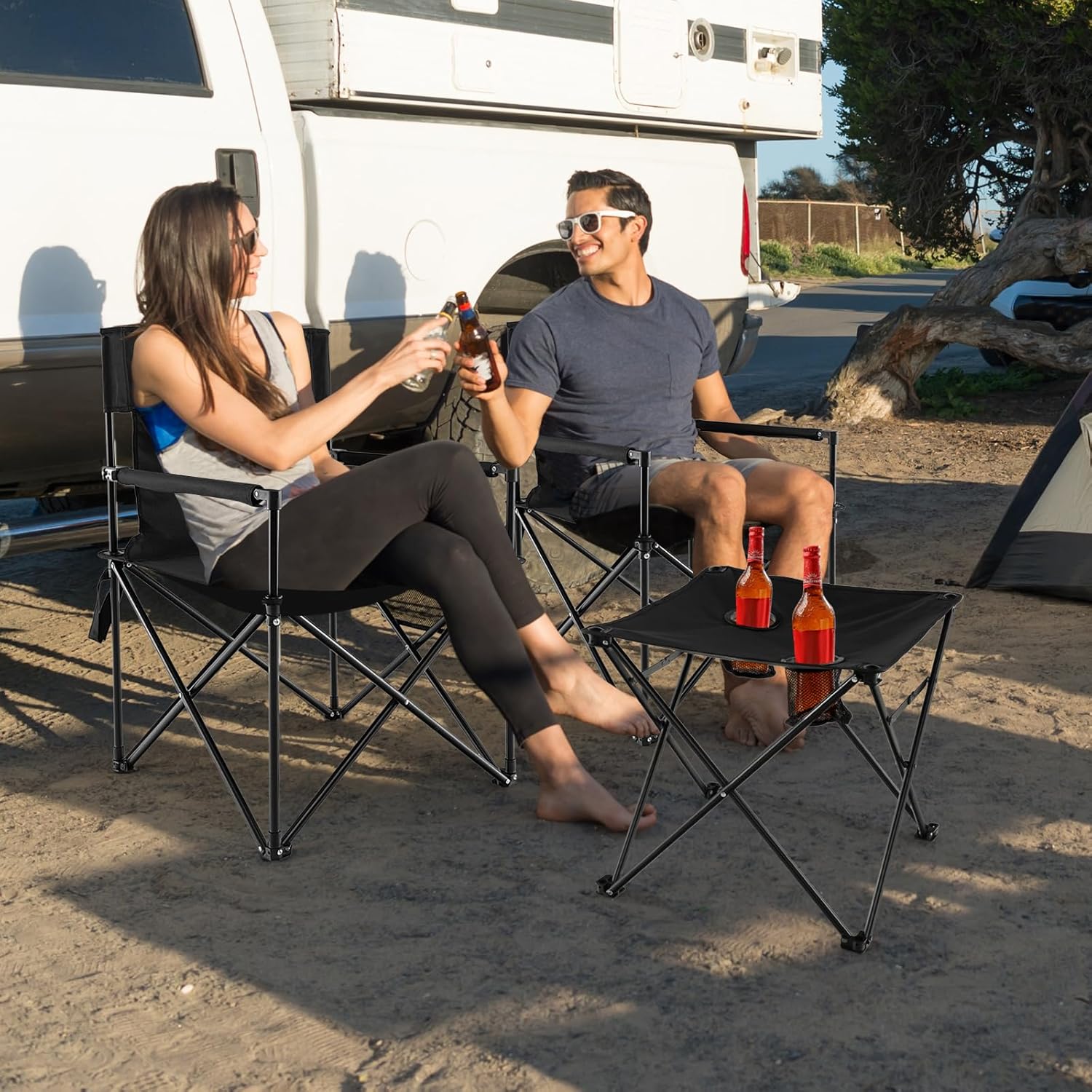 3 Piece Folding Camping Chairs and Table Set Portable