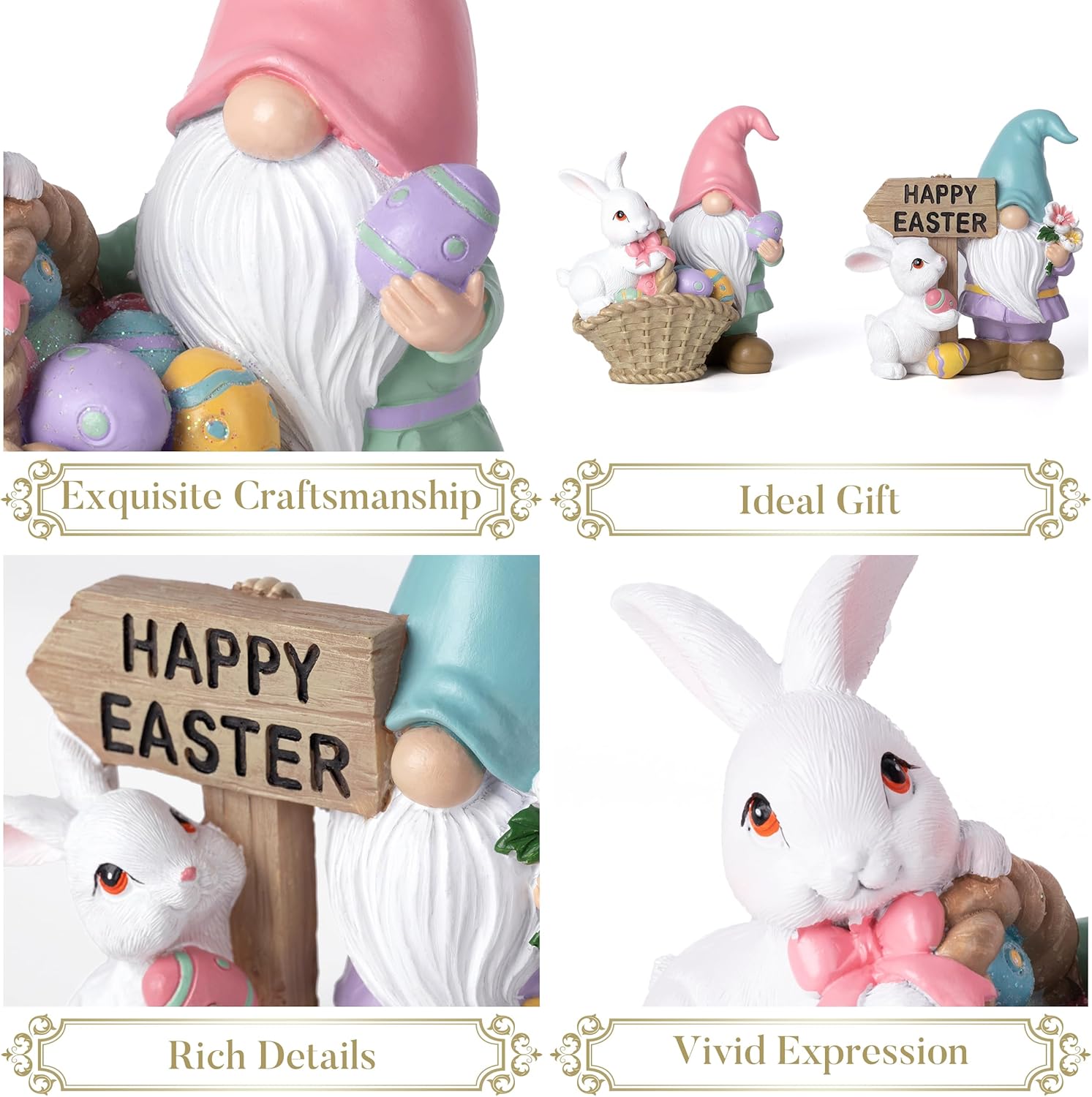 2Pcs Easter Gnome Figurines Resin Bunny Egg Spring Decor