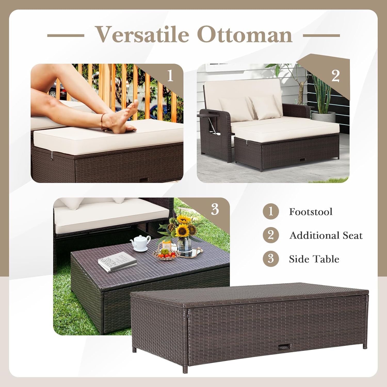 Outdoor Rattan Daybed Double Sun Lounger Storage Ottoman White Brown