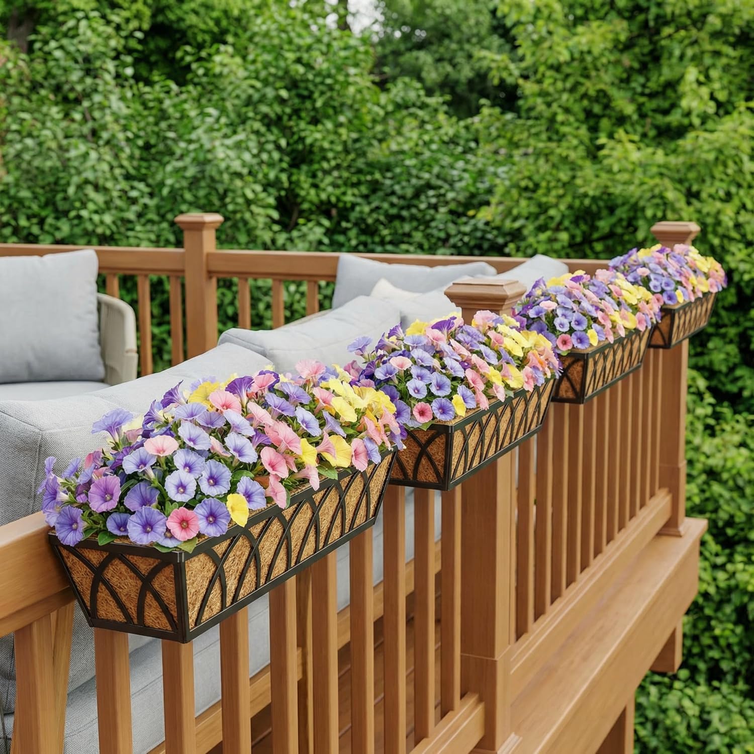 30in Railing Planter Box Set 4 Large Metal Trough Coco Liner