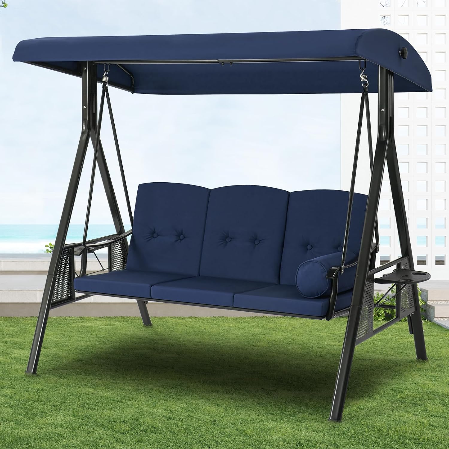 3 Seater Garden Swing Chair Canopy Side Tables Blue