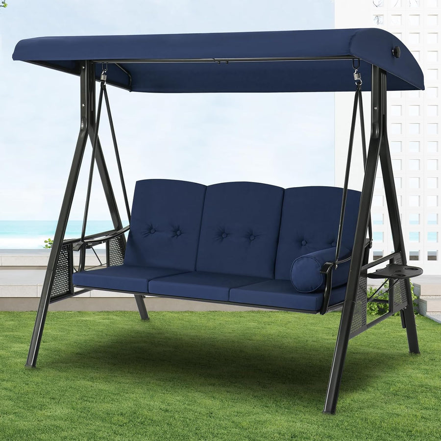 3 Seater Garden Swing Chair Canopy Side Tables Blue