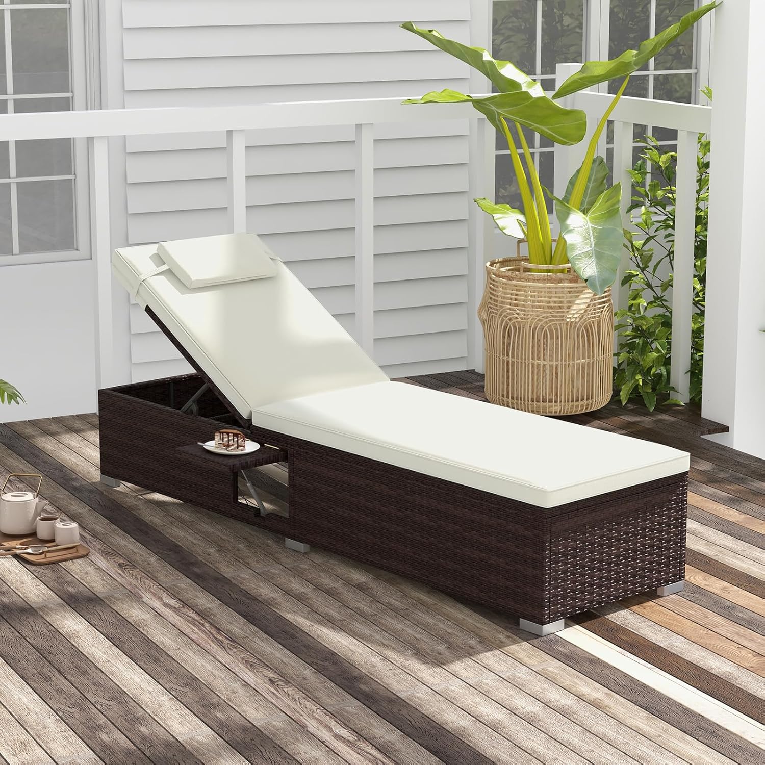 Rattan Sun Lounger 6 Level Recliner with Table Cream