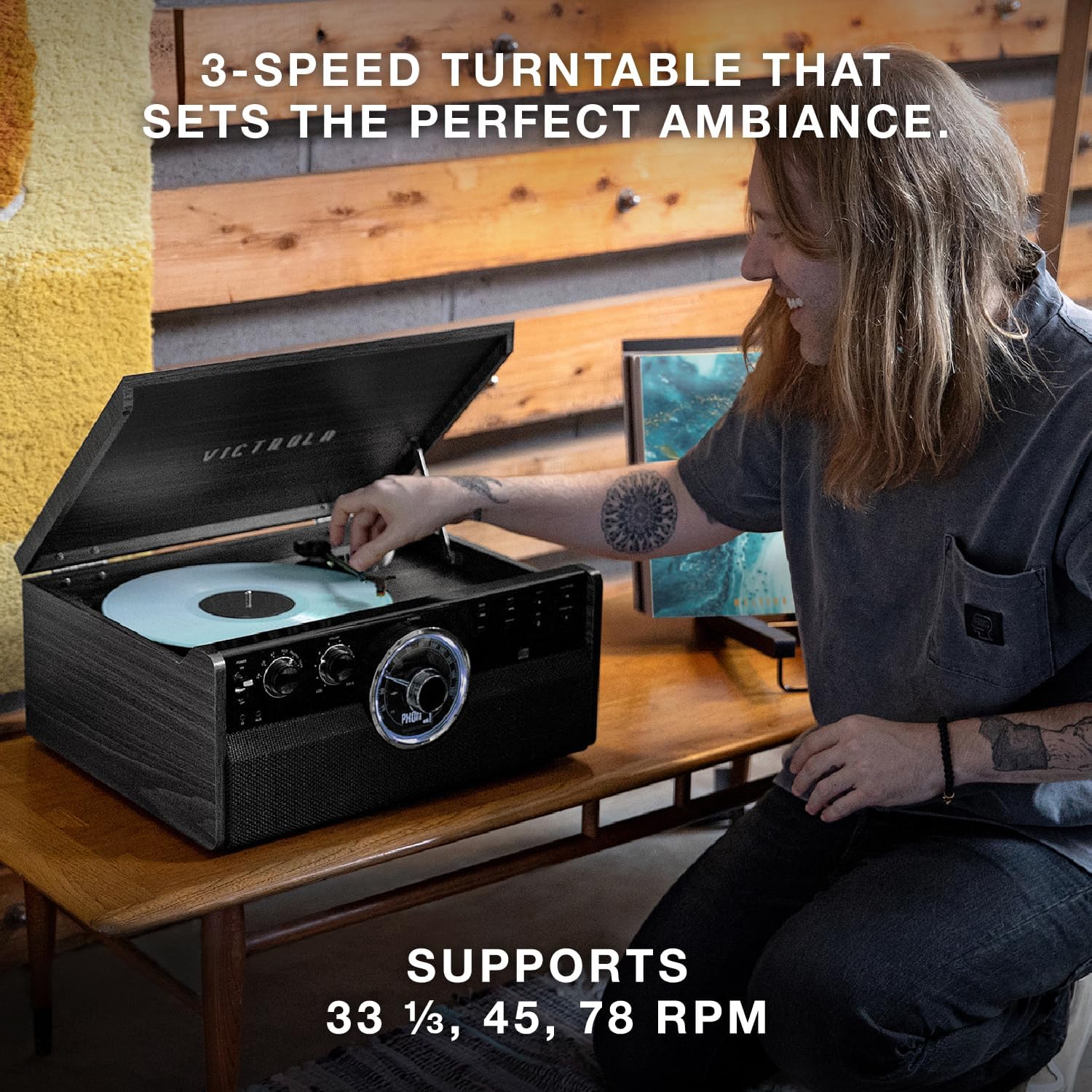 6 in 1 Wood Record Player Bluetooth CD Cassette Walnut