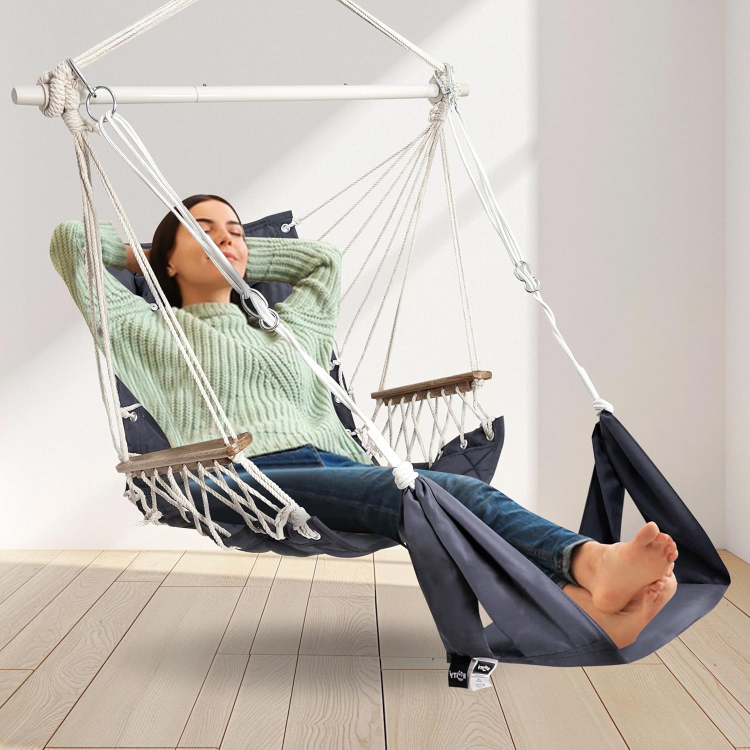 Luxury Hammock Swing Chair with Footrest Headrest 350lb Dark Grey