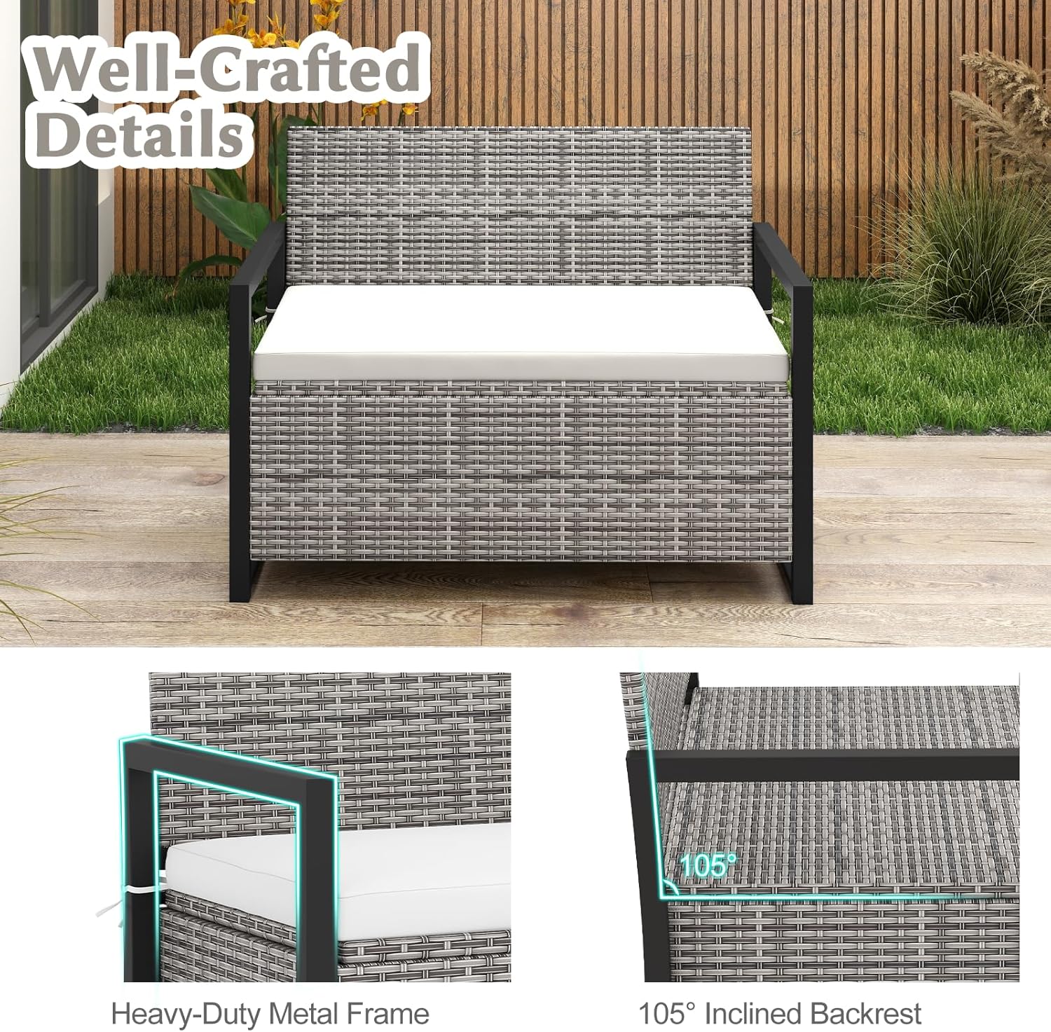 Rattan Garden Storage Bench 2 Seater Deck Box with Cushion