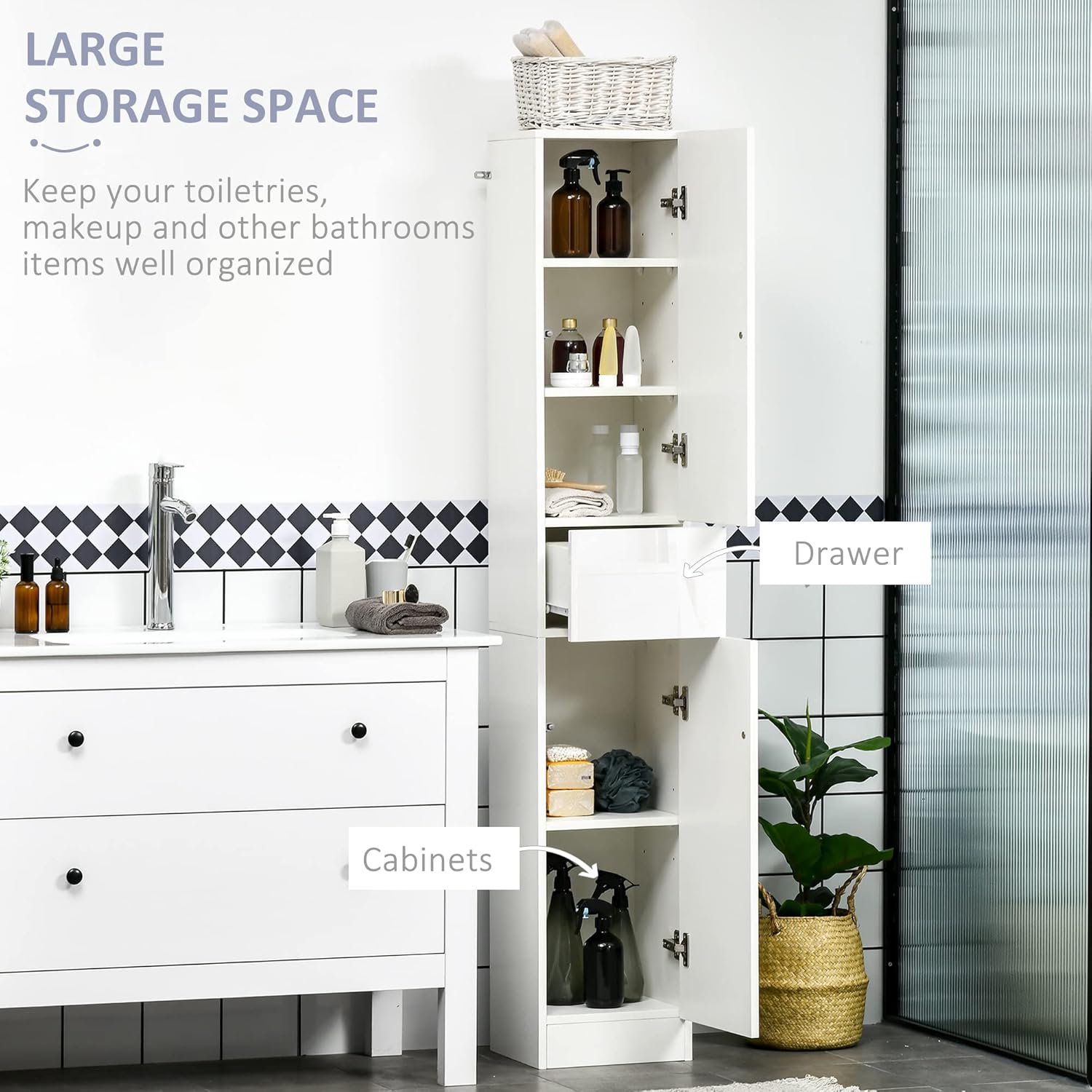 Tall Bathroom Storage Cabinet High Gloss White Drawer Shelves 170cm
