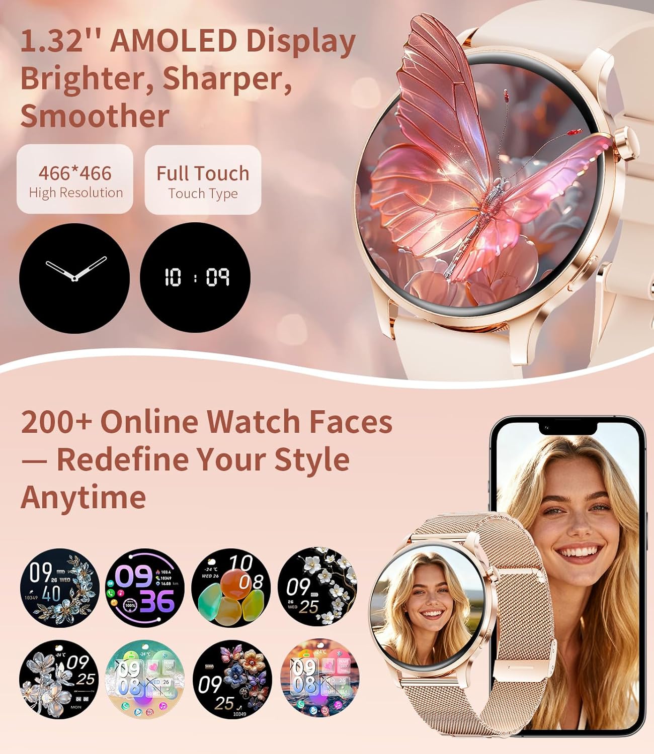 Womens AMOLED Smart Watch Rose Gold Mesh Call
