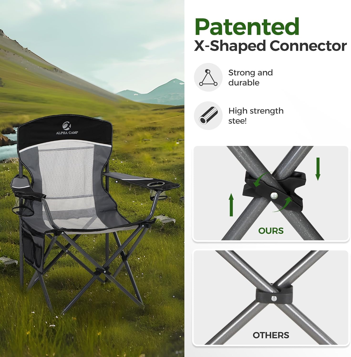 Oversized Camping Chair Mesh Back Folding Seat Black