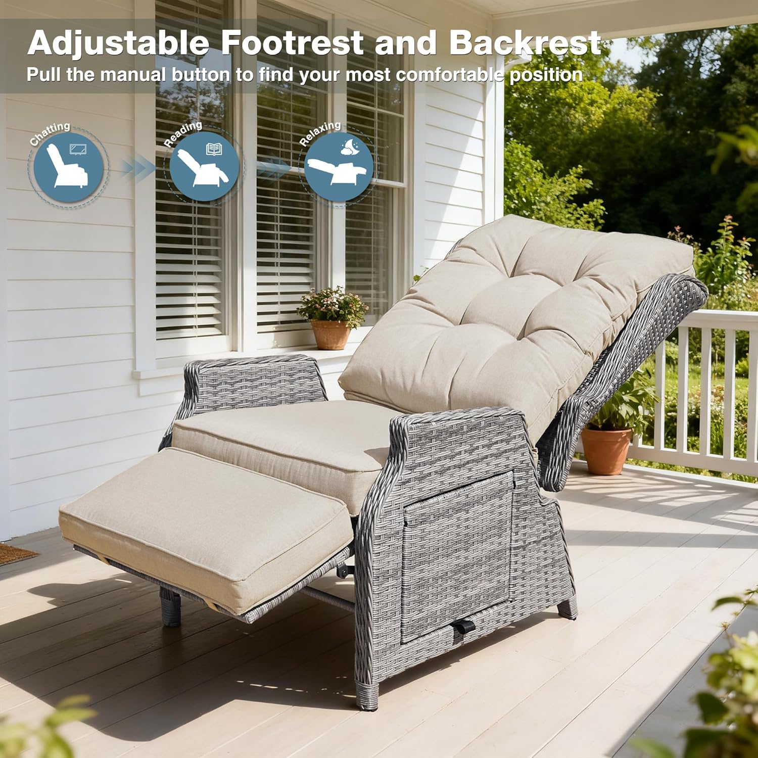 Rattan Reclining Sun Lounger Chair with Cushion Beige
