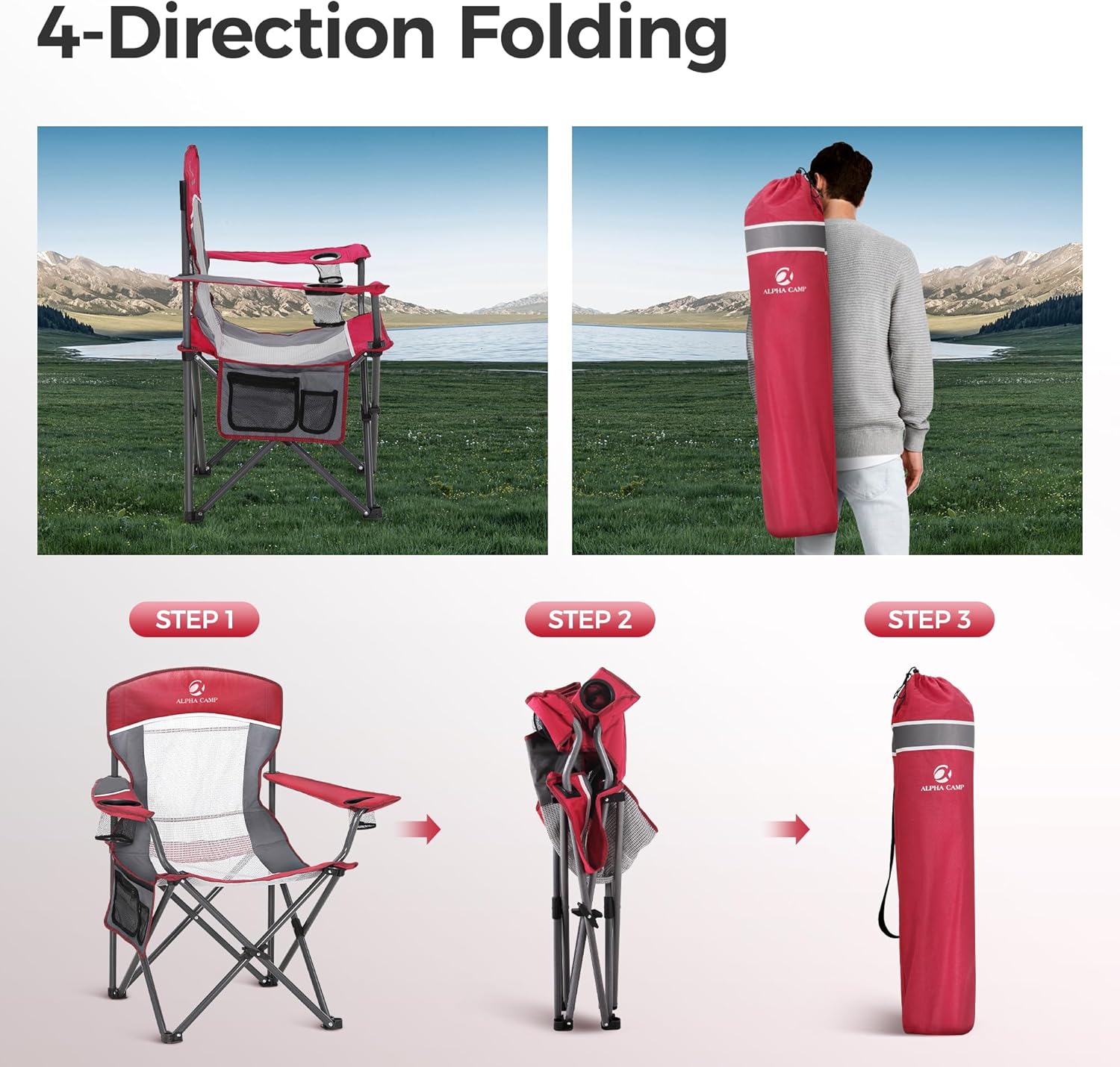 Oversized Camping Chair Mesh Back Folding Seat Red