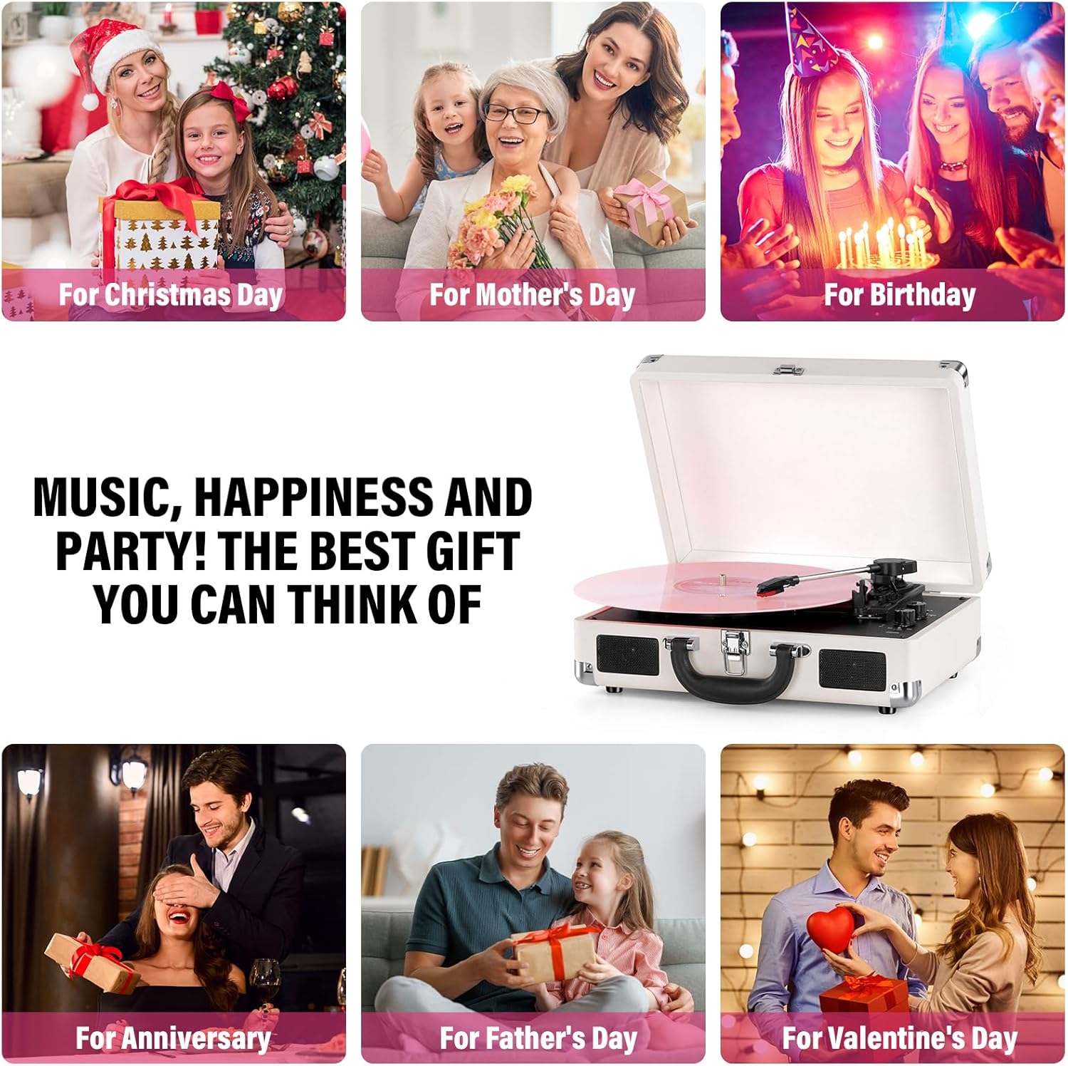 Portable Bluetooth 3-Speed Vinyl Record Player with Built-In Speakers