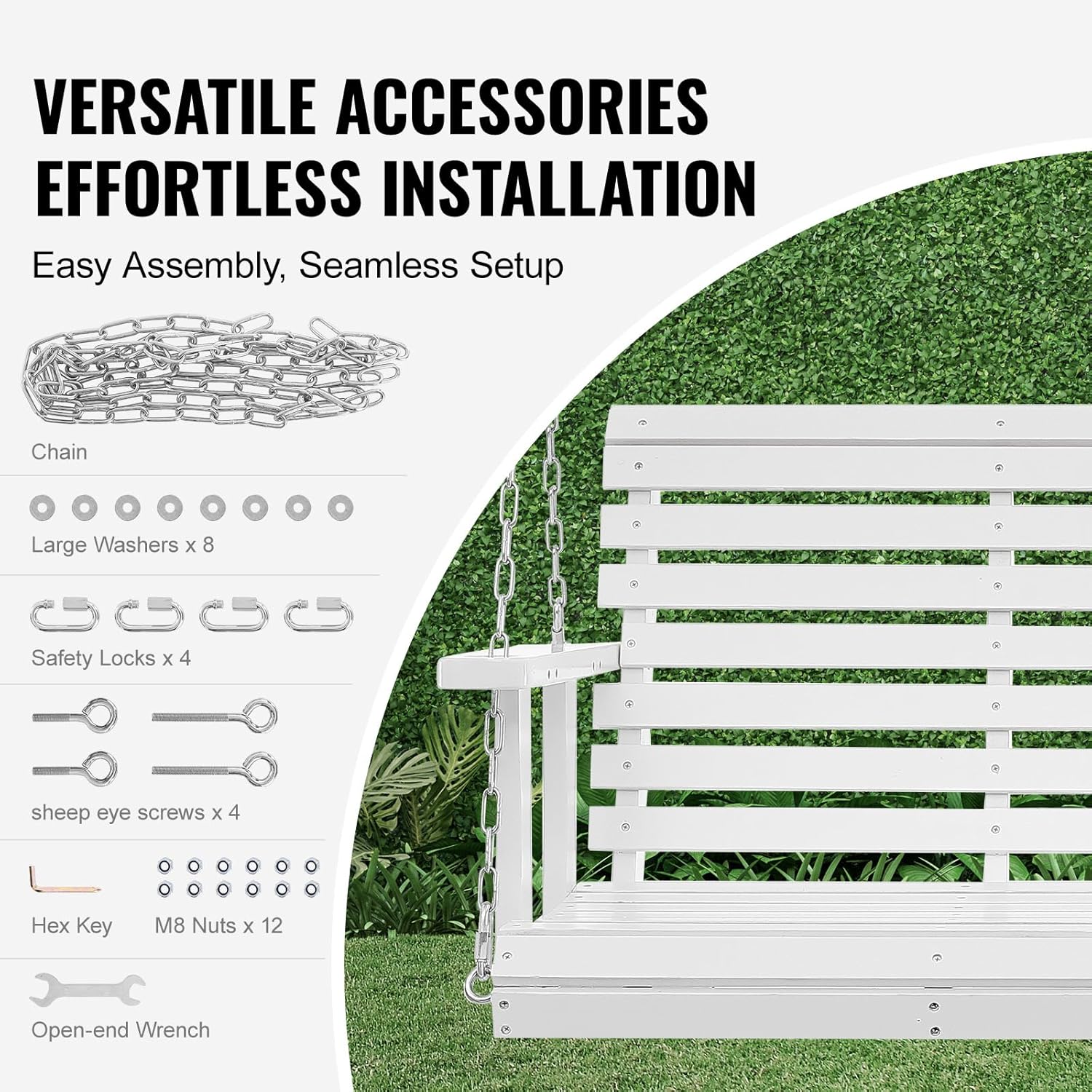 Wooden Porch Swing Bench 4.5ft White with Chains