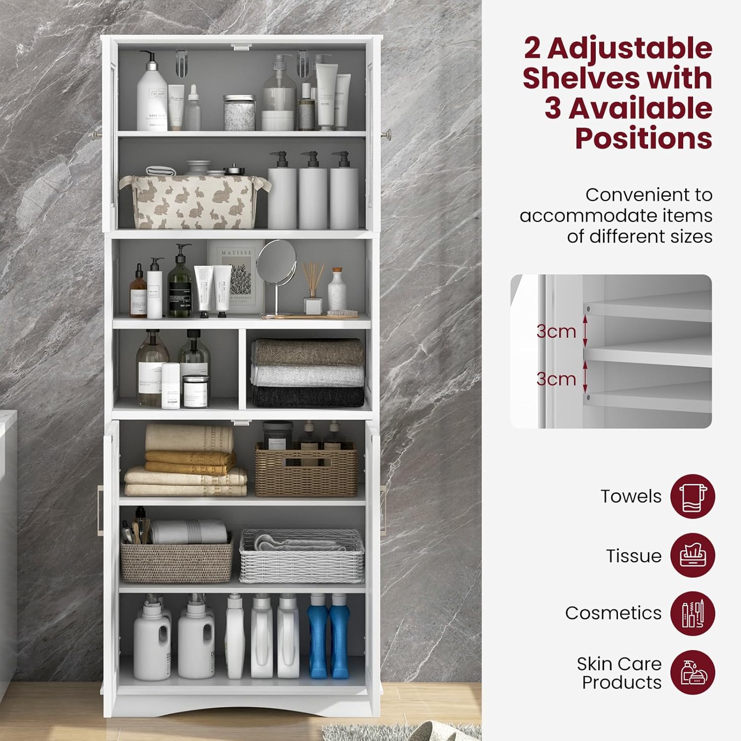 White Tallboy Bathroom Cabinet 4 Door Shelf Storage Unit