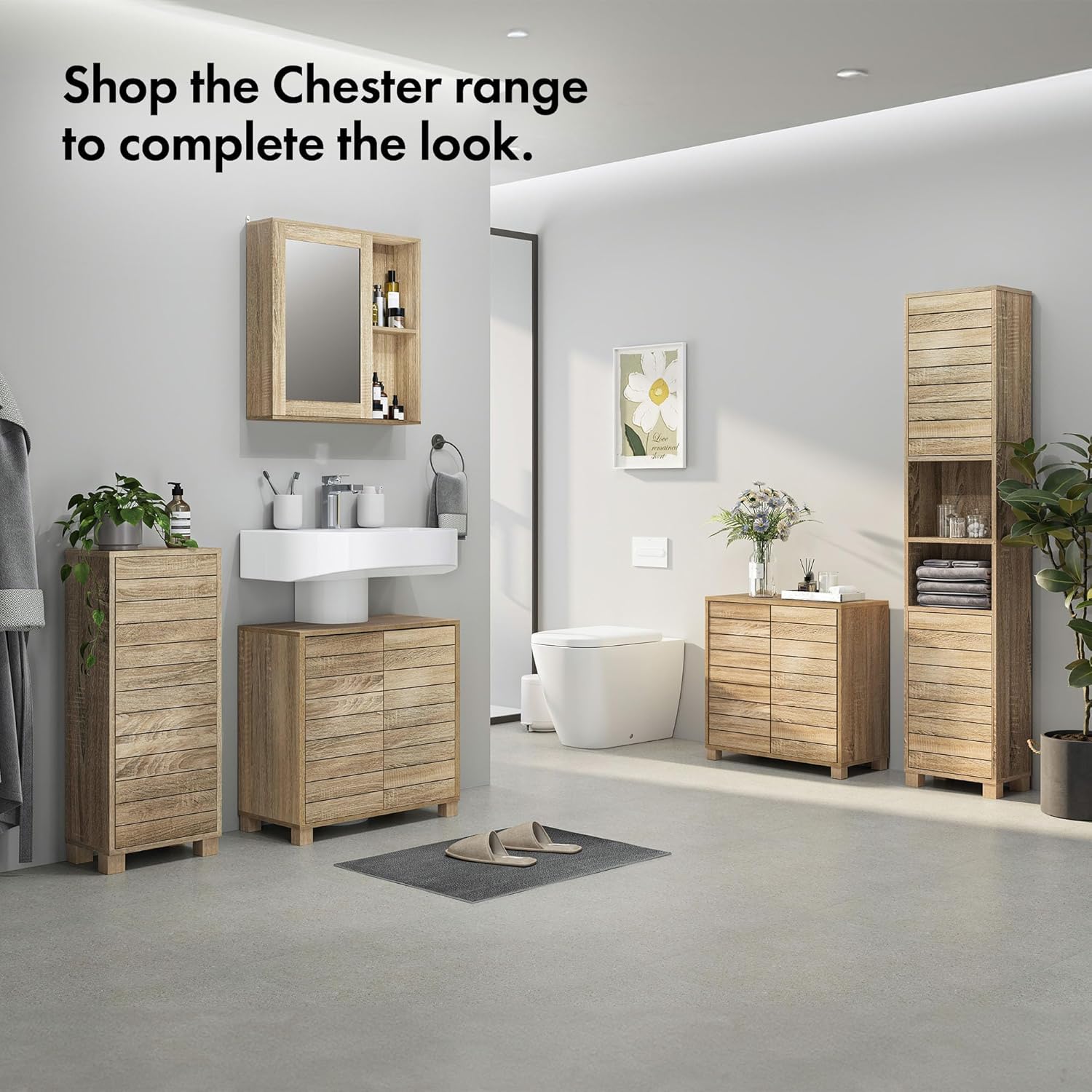 Tall Bathroom Cabinet Oak Effect Tallboy 2 Doors 7 Shelves Storage