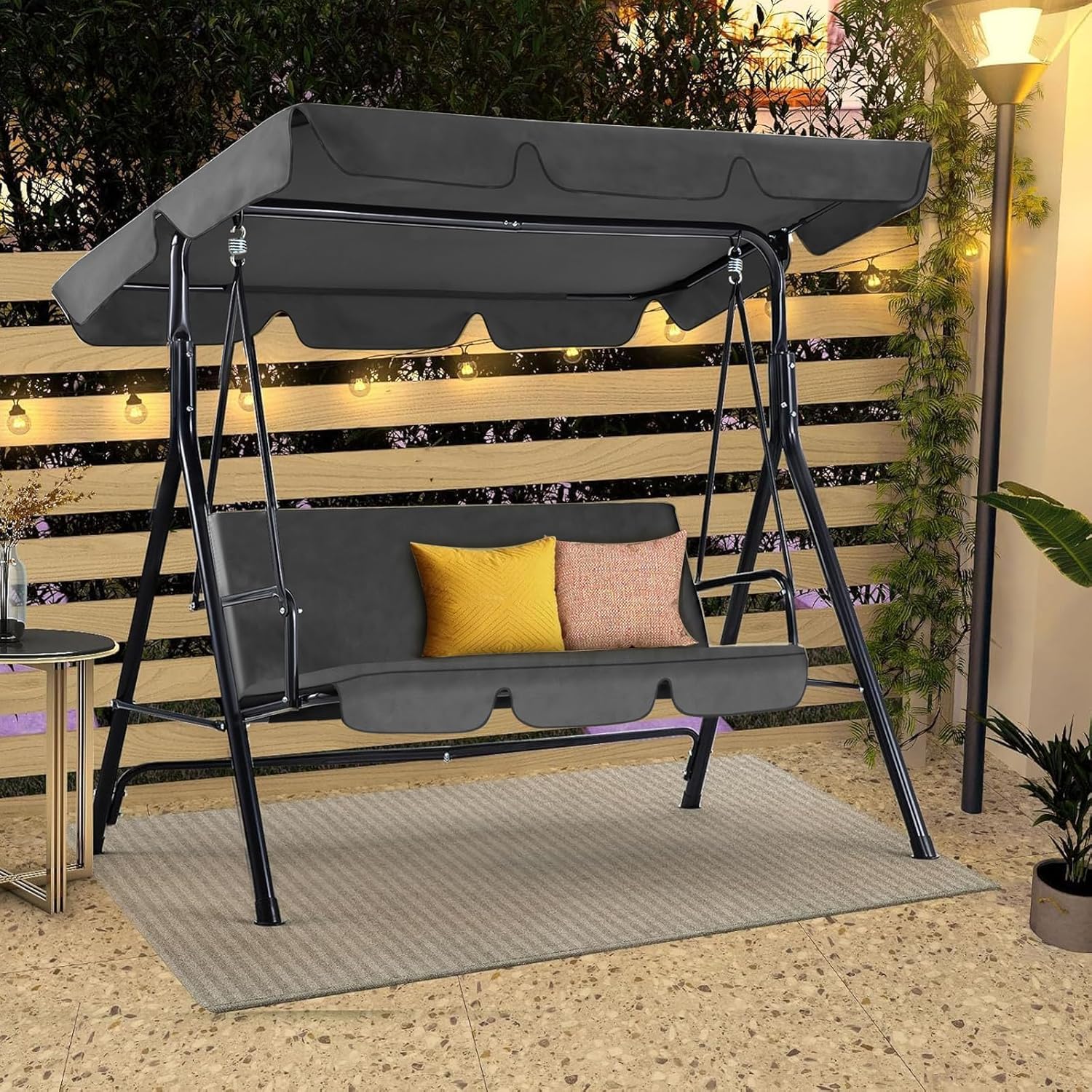 3 Seater Garden Swing Bench Grey Canopy Cushion Steel Frame