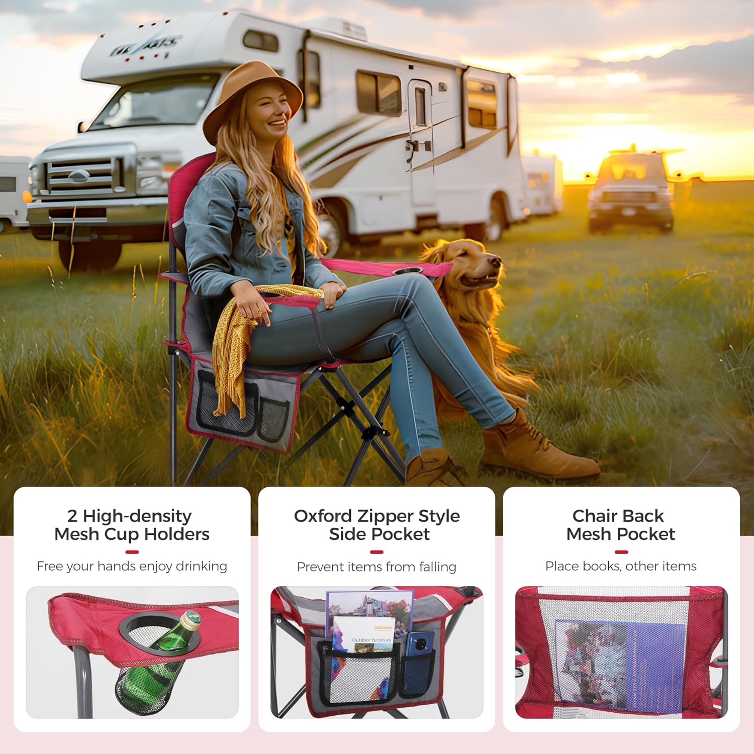 Oversized Camping Chair Mesh Back Folding Seat Red