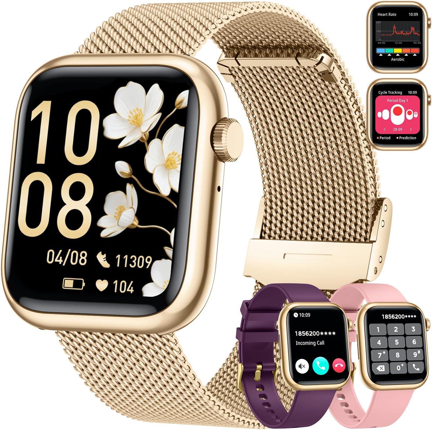Women Smart Watch Call Fitness Tracker 3 Strap Gold