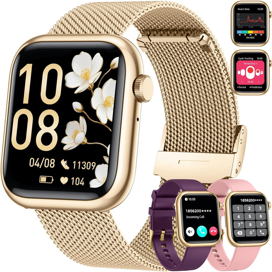 Women Smart Watch Call Fitness Tracker 3 Strap Gold