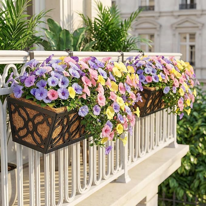 24in Hanging Planter Box Set 2 Metal Railing Trough Coco Liner