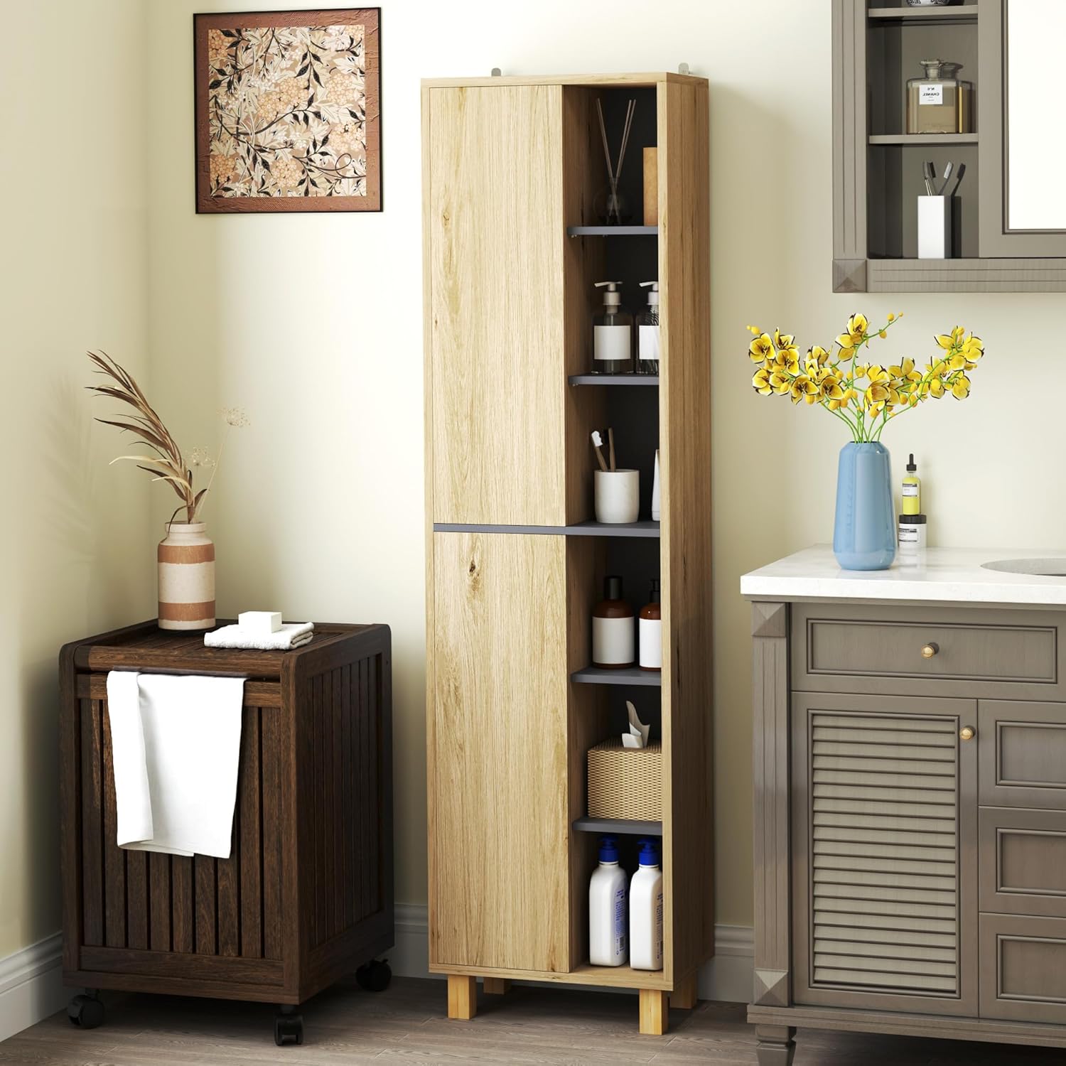 Tall Bathroom Storage Cabinet Natural Wood 6 Shelves Unit