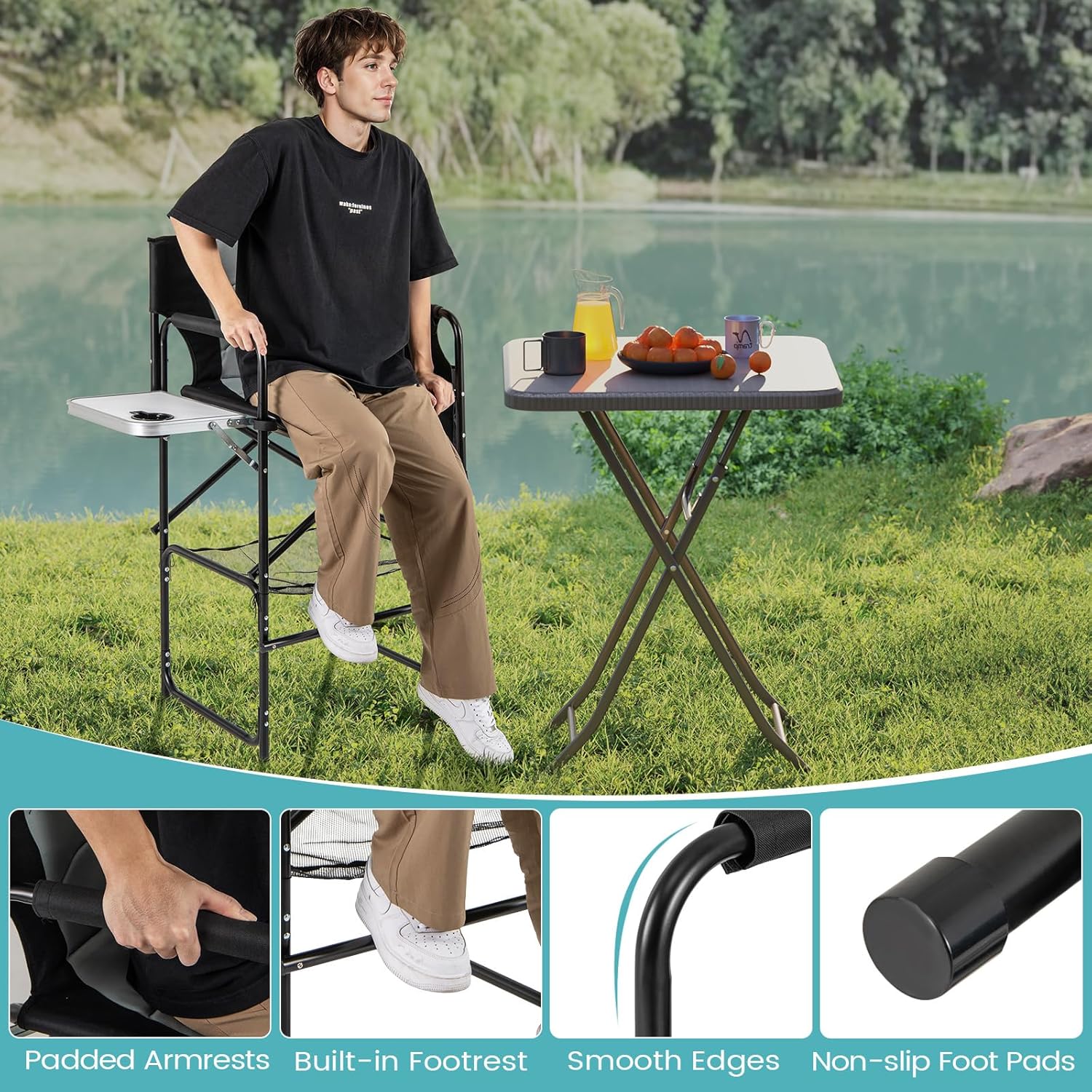 Tall Folding Directors Chair with Side Table Footrest