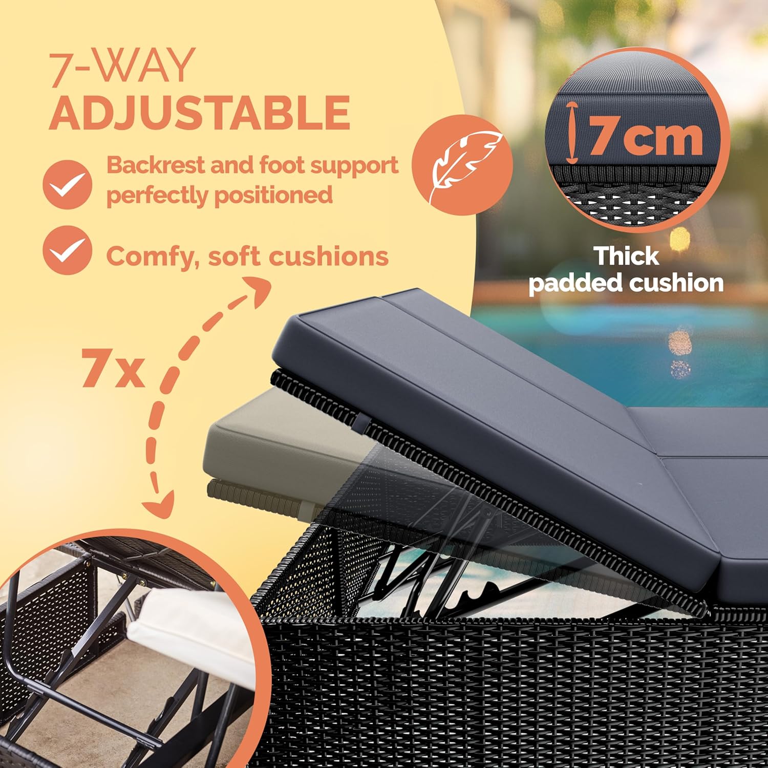 Double Sun Lounger 7 Position Poly Rattan Recliner Black 200x115cm