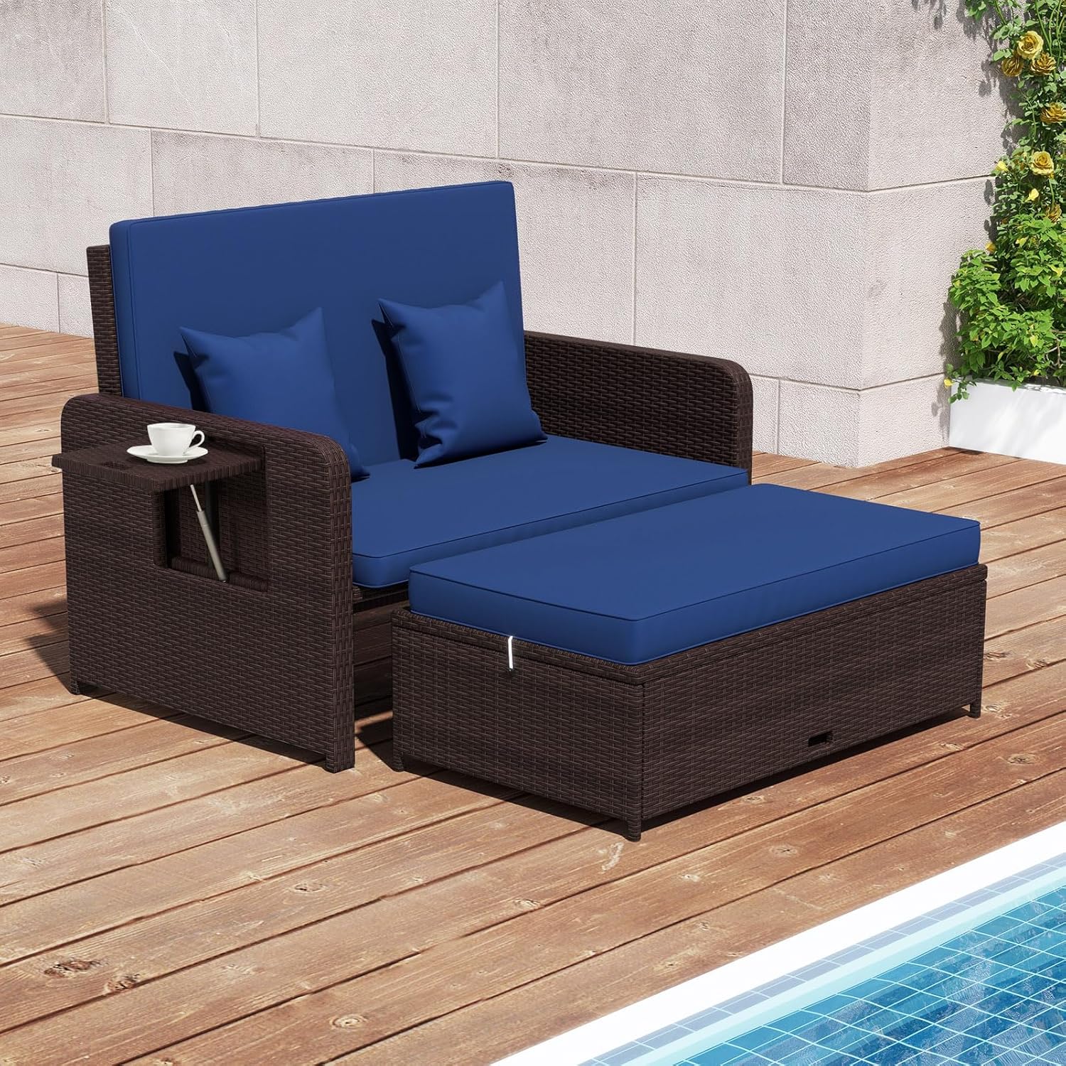 2 in 1 Rattan Daybed Sun Lounger Navy Blue