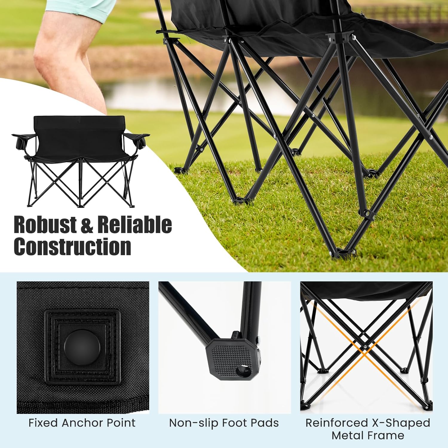 Double Camping Loveseat Chair 300KG Foldable Black