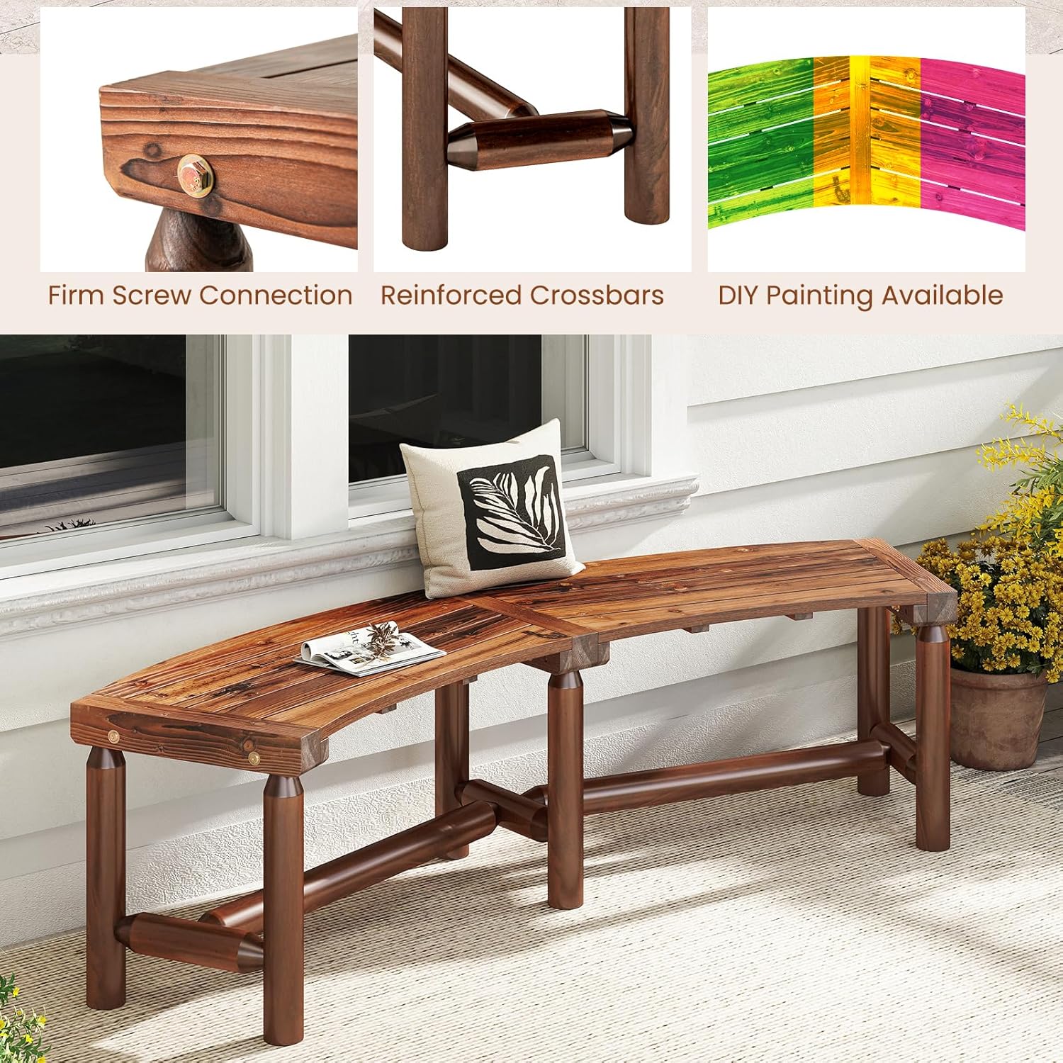 Curved Wooden Garden Bench 170cm Outdoor Patio Park Bench Seat 3 Seater