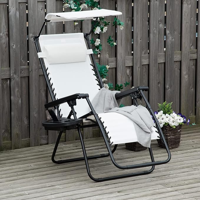 Zero Gravity Sun Lounger Chair Foldable with Canopy White
