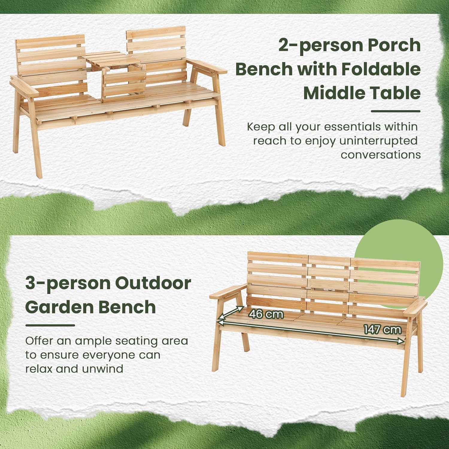3 Seater Wooden Garden Bench with Foldable Table 160cm