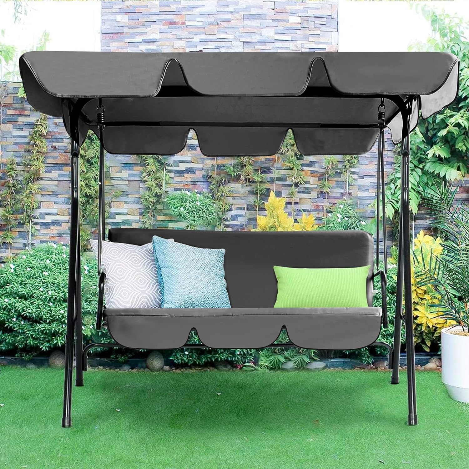 3 Seater Garden Swing Bench Grey Canopy Cushion Steel Frame