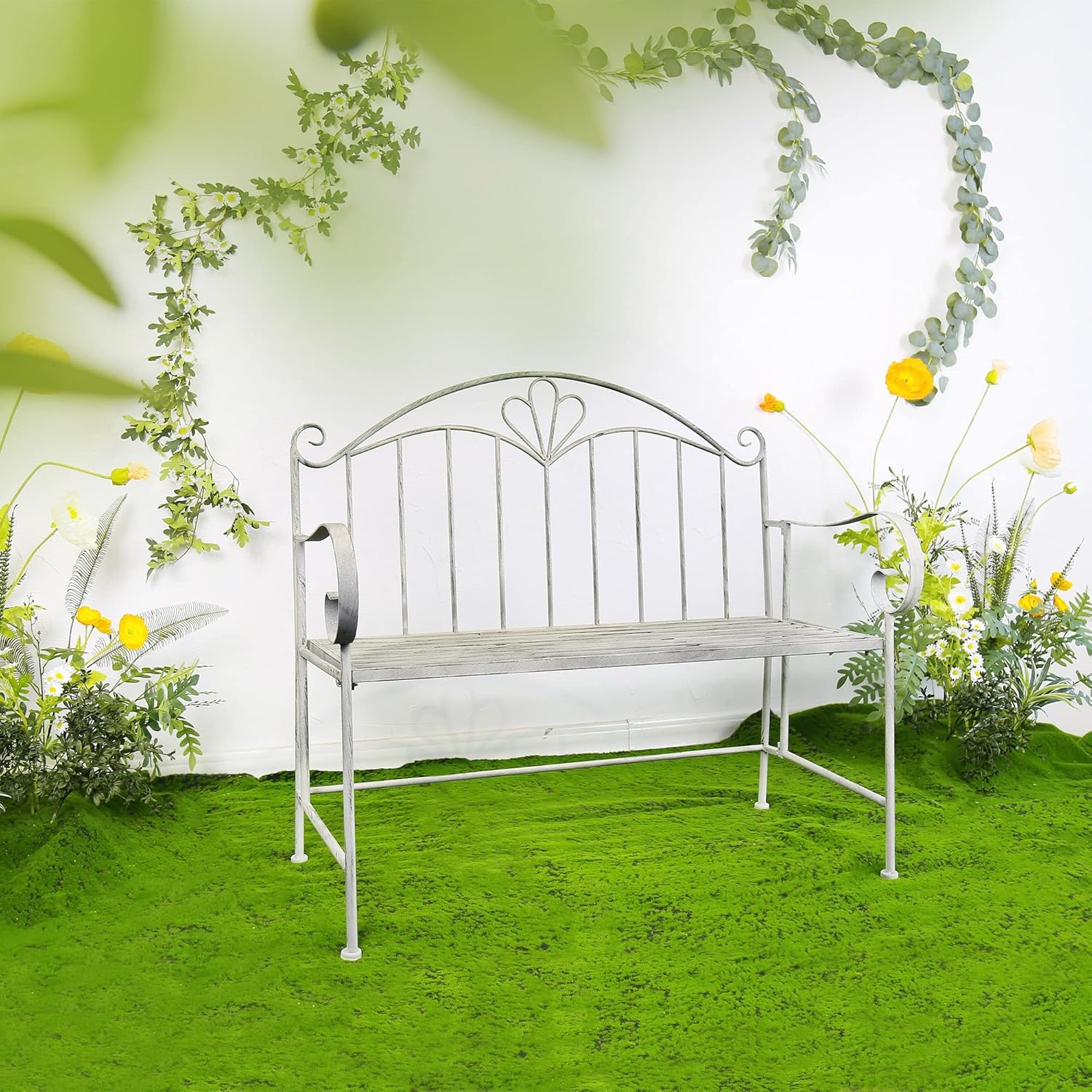 Foldable Metal Garden Bench Vintage Patio Seat Grey Iron