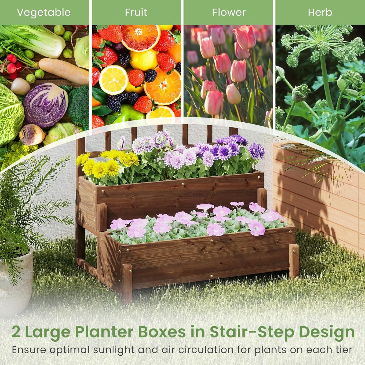 2 Tier Raised Garden Bed with Trellis Wooden Planter 121cm